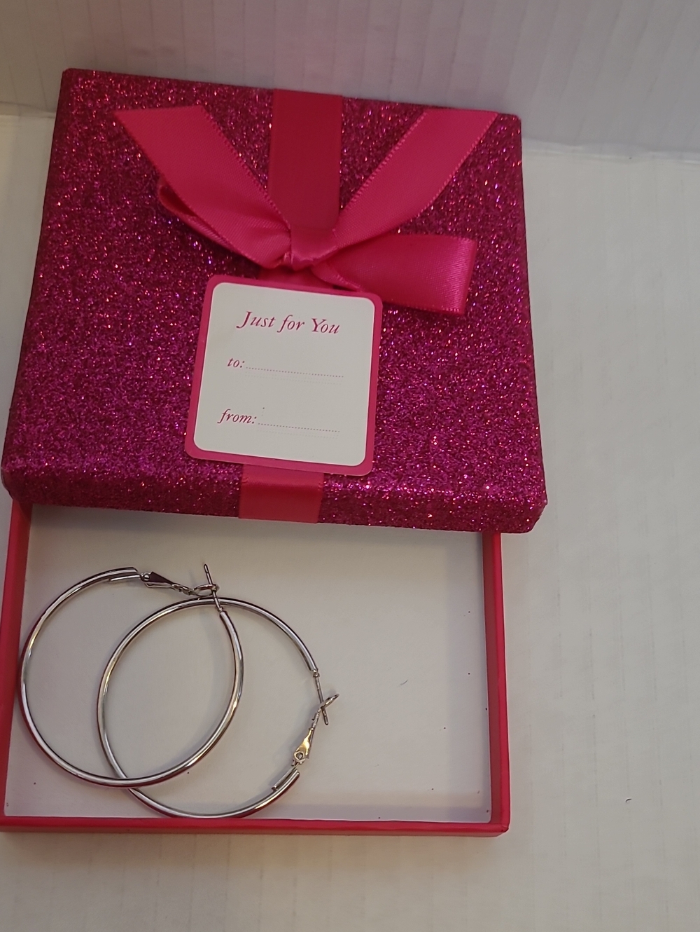 Source Unknown Silver Hoop Earrings with Pink Gift Box